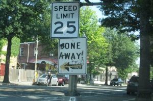One way traffic sign turned into “bone away”