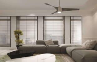 Energy-Saving Tips, a living room with blinds and a fan